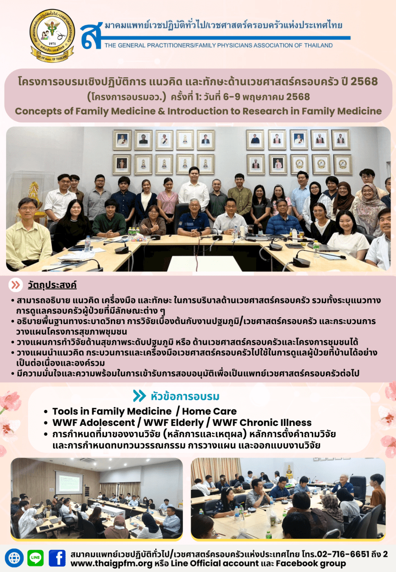 A group of medical professionals attending a workshop on Family Medicine and Research in Family Medicine, with a presentation and discussions taking place in a conference room.