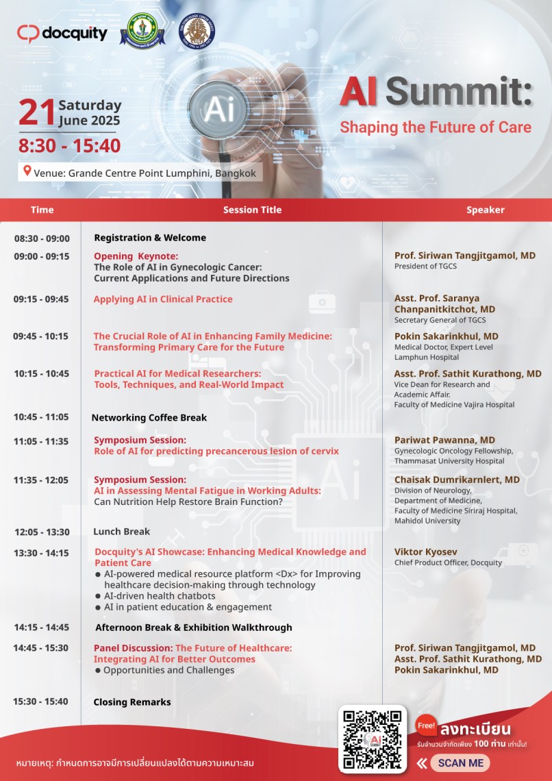 Event schedule for the AI Summit on June 21, 2025, at Grande Centre Point, Lumphini, Bangkok, outlining sessions on AI in healthcare, including topics on gynecologic cancer, mental fatigue in adults, and medical research.