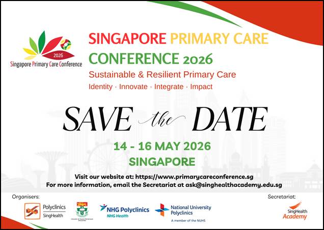 Promotional poster for the Singapore Primary Care Conference 2026, highlighting the dates, location, and theme of sustainable and resilient primary care.