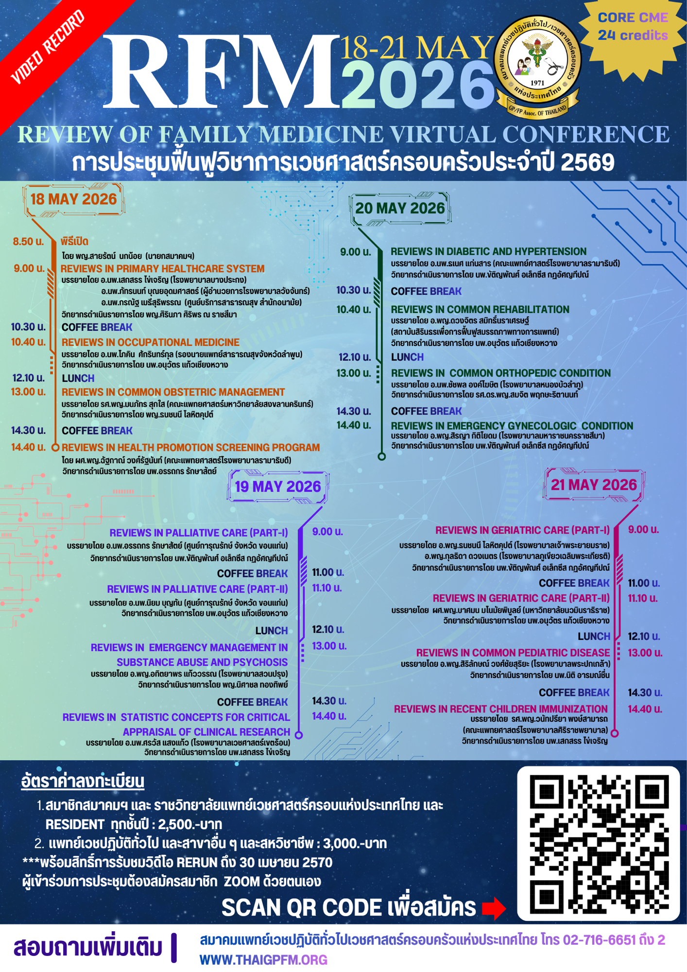 โปสเตอร์ประชุมเสมือนจริงการแพทย์ครอบครัว ประจำปี 2569 ระหว่างวันที่ 18-21 พฤษภาคม 2026 รวมเนื้อหาและกำหนดการต่าง ๆ